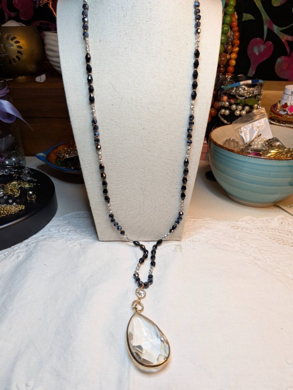 Pomina Black Beaded Long Necklace with Faceted Crystal Teardrop Pendant